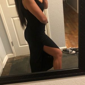 F22 Black Maxi Dress with ruched high slit dress